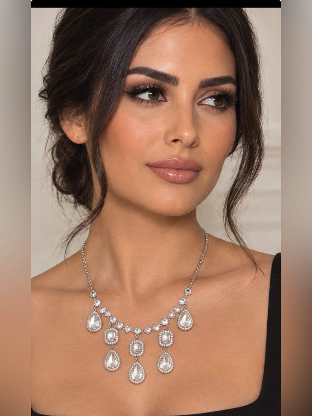 Clear Crystal Teardrop Statement Necklace - Silver Tone